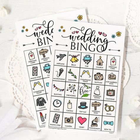 Wedding Games For Reception, Color Doodles, Wedding Games For Kids, Wedding Bingo, Cards Sign Wedding, Just Married Sign, Wedding Calendar, Bridal Shower Bingo, Bingo Set