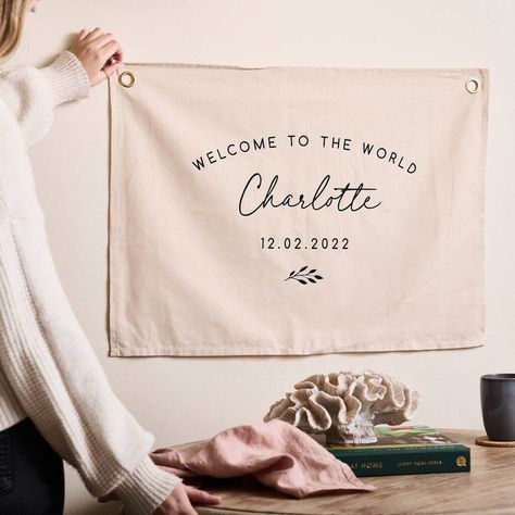 These beautiful personalised linen banners would make a gorgeous gift for new parents and for newborns to welcome them to the world. not given Banner is personalised with a name and date.Banner comes in a choice of 2 colours: Natural & Grey and text can be printed in White, Black or Gold.Please be careful with spelling as we will copy your text exactly as you send it.If you wish to leave a part of the personalisation blank, please put N/A in the form. Please note, we can only print text and will Photo Bookmarks, Floral Wedding Ring, Earring Display Stands, Baby Banners, Family Is Everything, Family Christmas Gifts, Sweet Messages, Gifts For New Parents, Unique Christmas Gifts