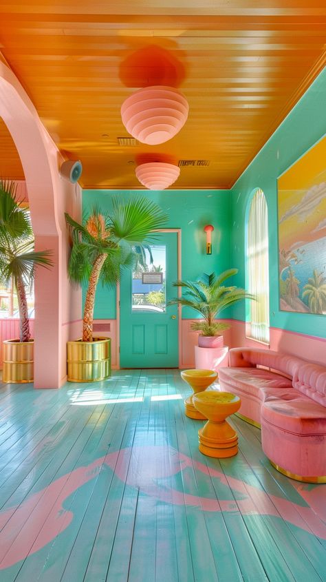 Fun House Aesthetic, Miami Modern Interior Design, Colorful Home Ideas, Groovy Interior Design, Y2k Interior Design, Miami Style Decor, Cheap Motel, Interior Design Colorful, Summer Interior Design