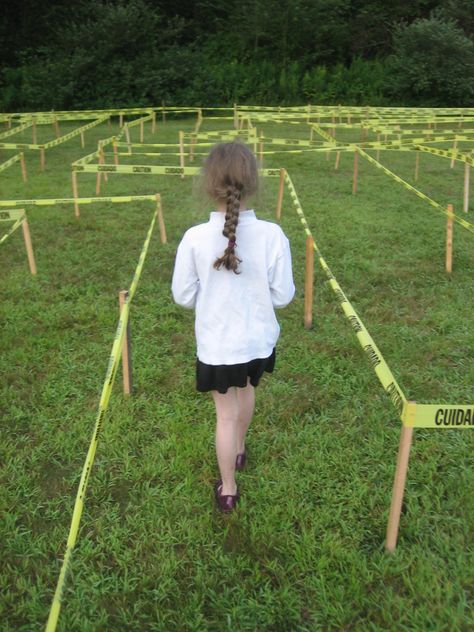 K Walking through the 2015 Caution Tape Maze Halloween Yard Maze Ideas, Frozen Obstacle Course, Pallet Obstacle Course, Fall Festival Obstacle Course, School Fair Activities, Halloween Obstacle Course Ideas, Winter Obstacle Course For Kids, Fall Obstacle Course, Halloween Carnival Ideas Festival Games