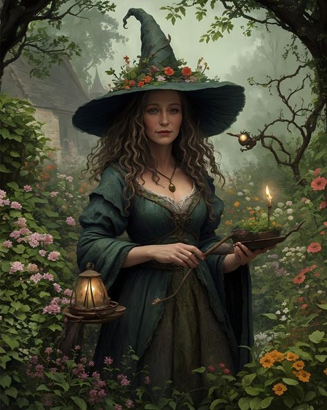 In her sanctuary of petals and herbs, the garden witch tends to the secrets of nature's bloom with whispers and potions☘️🌷🦋 for @rowan_lewgalon_aiart | #aiweekofwitchesmarch24 #aiartdaily #aichallenge #gardenwitch #witch #magicalai #aiart #digitalart #fantasy #garden #mystical Garden Mystical, Fae Witch, Witch Spring, Green Witch Aesthetic, Witch Apothecary, Medieval Witch, Garden Witch, Fairy Witch, Baba Jaga