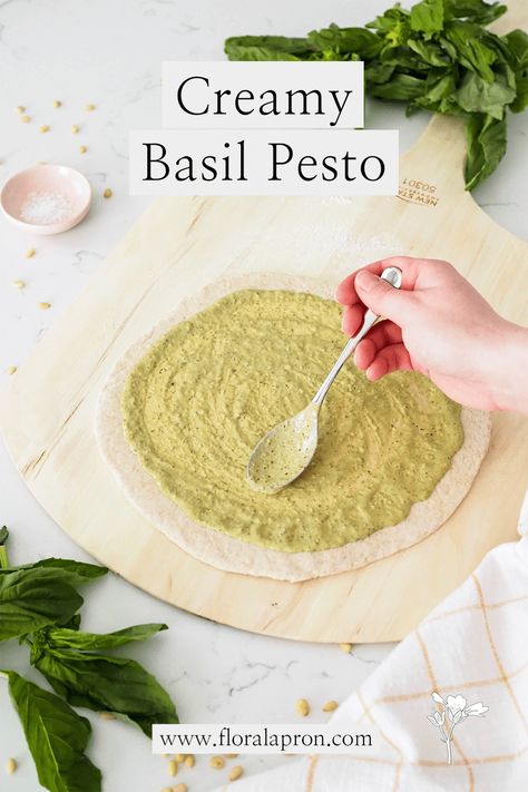 Creamy Basil Pesto - The Floral Apron Pesto Pizza Sauce, Sauce For Pizza, Pasta Toppings, Pesto Sauce Recipe, Homemade Pesto Recipe, Creamy Pesto Sauce, Basil Pesto Sauce, Green Pesto, Pesto Pizza