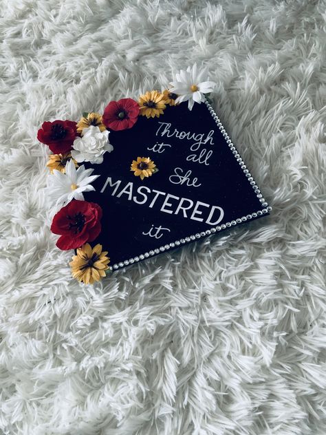 Graduation Cap. Masters Degree. Floral. Graduation Cap Masters, She Mastered It, Social Work Graduation Cap, Cap Decoration Ideas, Graduation Cap Designs College, Teacher Graduation Cap, Masters Degree Graduation, College Grad Cap Ideas, Mastered It