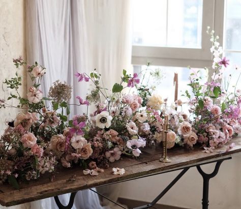 Floral Tablescapes, Wedding Pieces, Wildflower Wedding Theme, Garden Centerpiece, Wedding Dining, Pastel Wedding Flowers, Wedding Planning Decor, Floral Runner, Flower Installation