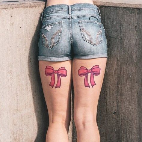 Tie Tattoo, Bow Tie Tattoo, Lace Bow Tattoos, Back Of Thigh Tattoo, Pink Bowtie, Tattoo Thigh, Realistic Temporary Tattoos, Tattoo Leg, Ribbon Tattoos