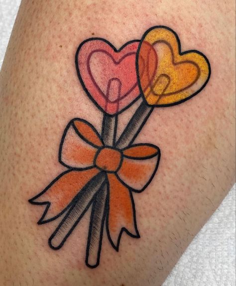 Valentines Candy Tattoo, Heart Lollipop Tattoo, Sucker Tattoo, Food Tattoo Ideas, Lollipop Tattoo, Bow Tattoos, Food Tattoo, Sushi Pizza, Candy Tattoo