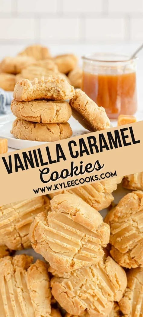 Simple Vanilla Caramel Cookies are easy to make, and filled with aromatic vanilla and sweet caramel, this recipe makes a wonderful tasting treat! Carmel Christmas Cookies, Easy Amazing Cookie Recipes, Easy Christmas Cookie Recipes Simple, Vanilla Desserts Recipes, Cookie Jar Cookies Recipes, Vanilla Cream Caramels, Caramel Sauce Cookies, Vanilla Caramel Cookies, Call Baking Recipes