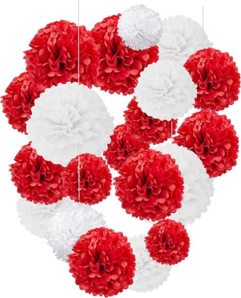 White Party Decorations, Italian Party, Tissue Pom Poms, Paper Pom Poms, Red Decor, Latest Colour, Red Walls, Chair Decorations, Gold Decor