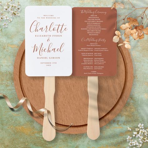 Fall Wedding Terracotta, Wedding Terracotta, Typography Minimalist, Program Wedding, Program Fans, Terracotta Wedding, Wedding Program Fans, Wedding Fans, Personalised Wedding Invitations