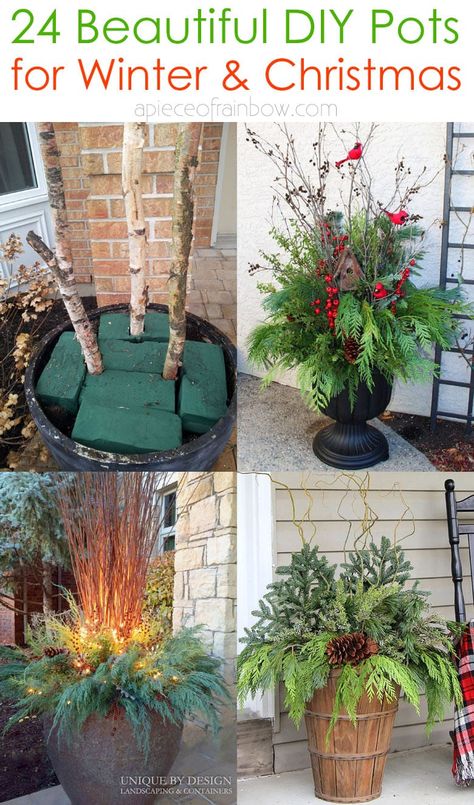 How to make colorful outdoor planters for winter & Christmas decorations. Best porch pot ideas with evergreen branches, berries & pine cones!- A Piece of Rainbow #porch #patio #holiday #backyard #curbappeal #diy #gardens #gardening #decorations #urbangardening #winter #containergardening #plants #farmhouse #christmas #christmasdecor #christmascrafts #christmasideas #holiday farmhouse front door, decor, patio , garden, gardening Porch Pot Ideas, Winter Christmas Decorations, Outdoor Holiday Planters, Outdoor Christmas Planters, Christmas Urns, Holiday Planter, Winter Planter, Christmas Pots, Christmas Planters