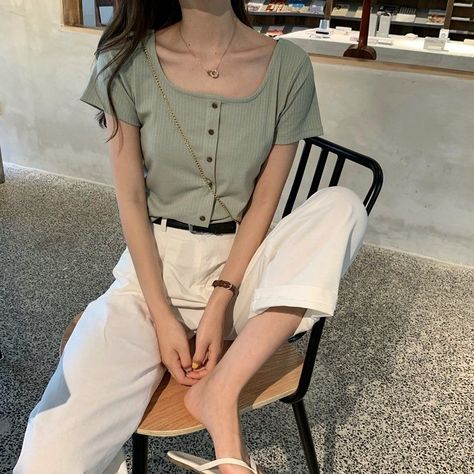 Shinsei Square-Neck Short-Sleeve Buttoned Ribbed Top | YesStyle Cottagecore Fashion Casual, Outfit Ideas Korean, Cottagecore Fashion, K Fashion, Soft Clothes, Korean Girl Fashion, Brunch Outfit, 가을 패션, Korean Street Fashion