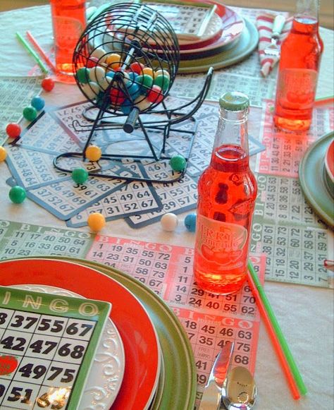 Candlelight Supper: Bingo Night Tablescape Bingo Night Aesthetic, Party Games Aesthetic, Bingo Night Decorations, Bingo Party Food, Bingo Themed Party Ideas, Bingo Night Ideas, Bingo Party Ideas, Bingo Birthday Party Theme, Hosting Activities