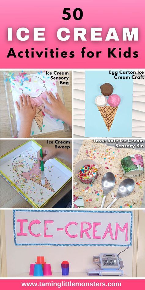 25 50 Fun Ice Cream Activities for Kids - Taming Little Monsters Ice Cream Activities, Ice Cream Party Games, Cool Crafts For Kids, Shape Sorting Activities, Ice Cream Games, Play Ice Cream, Craft Ideas With Paper, Ice Cream Month, Ice Cream Crafts