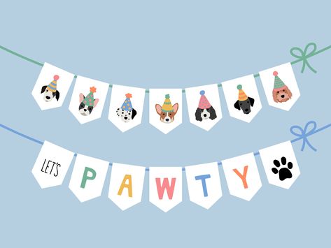 "Cute Puppy Dog Banner for Birthday Party - easy instant digital download with puppy faces and words \"Let's Pawty\" Each banner piece is sized 5x7 inches.  These are my Hand Drawn Puppy Faces 2.0  WHAT IS INCLUDED? 9 pdf files sized to print 8.5x11 inches - 8 puppy face banner pieces laid out on 4 pdf files (2 to a page) - 8 word/letter/paw print banner pieces laid out on 4 pdf files (2 to a page) to spell \"Let's Pawty\" Each banner piece is sized 5x7 inches. I laid out two banner pieces on ea Dog Birthday Banner, Dog Banner, Banner For Birthday, Printable Birthday Banner, Birthday Hats, Puppy Birthday Parties, Cat Birthday Party, Puppy Birthday, Dog Birthday Party