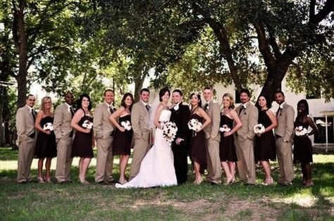 bridesmaids in black groomsmen in tan - Google Search Tan Tuxedo Wedding, Tan Groomsmen, Bridesmaids In Black, Tan Bridesmaids, Black Groomsmen, Tan Bridesmaid Dresses, Black Tuxedo Wedding, Shotgun Wedding, Tan Wedding