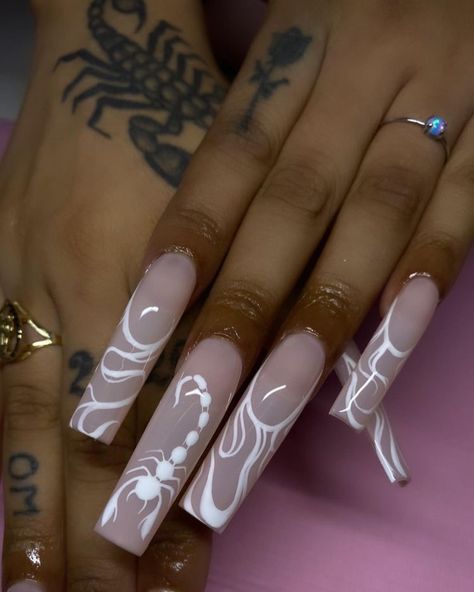 Cool White Acrylic Nails, Acrylic Nail Designs Scorpio, Bday Nails Scorpio, Scorpio Nails Acrylic Long, Birthday Nails Coffin Scorpio, Scorpion Nails Acrylic, Cute October Birthday Nails, Birthday Nails￼, Scorpio Zodiac Nails Acrylic