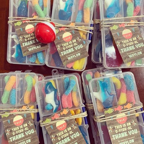 Shark Themed Birthday Party Favors, Fishing Themed Birthday Party Kids, Fishing Birthday Favors, Fishing Themed One Year Birthday, Shark And Fish Birthday Party, Gone Fishing 1st Birthday Party, Diy Fishing Theme Party Decorations, 2nd Birthday Boy Fishing Theme, A Big One Birthday