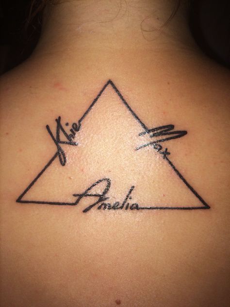 Triangle with my siblings names ‍‍‍ #freshlydone Friendship Tattoos For 3 Men, Sibling Tattoos For 3 Meaningful, Unique Sibling Tattoos For 3, Sibling Name Tattoos, Three Sibling Tattoos, 3 Sibling Tattoos, Siblings Tattoos, Siblings Names, Siblings Tattoo For 3