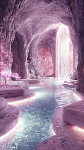 ↑↑↑ Larger size on website 🔸 A serene, otherworldly scene within a cave. A shimmering pool of turquoise water flows through the c Underground Spa, Pool Cave, Tinkerbell Design, Forest Cave, Spa Design Interior, Fairy Cave, Waterfall Cave, Cave Spa, Luxury Spa Design