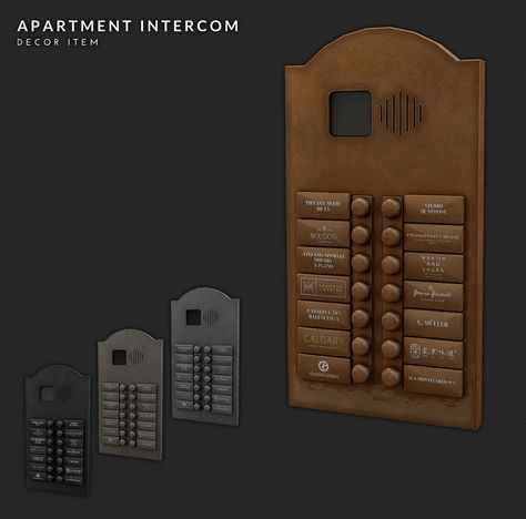 EUROPEAN APARTMENT INTERCOM & LUXURY BRAND BELL PLAQUE DECOR ITEMS (FREE) | AggressiveKitty on Patreon European Apartment, Muebles Sims 4 Cc, Cc Furniture, Sims 4 Clutter, Sims 4 House Building, Free Sims 4, Sims Four, Sims4 Clothes, Sims 4 Cc Furniture