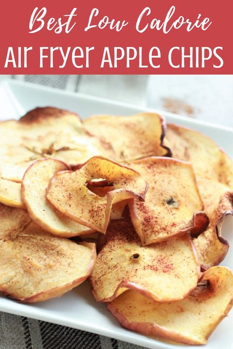 Air fryer apple chips are a nutritious, low calorie snack that you can enjoy instead of potato chips or other snacks. Apple chips are a family favorite that are perfect just about any time of year and are especially tasty as a fall treat. If you are looking for the perfect healthy snack for your family, this is it. Cinnamon Apple Chips Air Fryer, Air Fry Apple Chips, Dehydrating Apples In Air Fryer, Elimin8 Recipes, Low Calorie Air Fryer Desserts, Healthy Air Fryer Recipes Low Calorie, Apple Chips Air Fryer, Jasmine Recipes, Low Calorie Chips