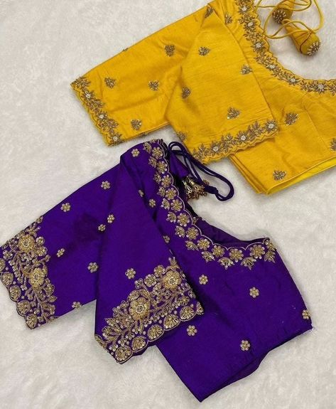 Designer zardosi maggam work customised blouses Fabric: cottonsilk Dispatch: 4 days Price : 2300unstitched 2850stitched Colours and sizes can be customised accordingly Dm@9640490158 Marriage Blouses, Yellow Blouse Designs, Blue Work Blouse, Dress For Chubby, Magam Work Designs, Ben White, Haldi Kumkum, Magam Work, Blue Blouse Designs