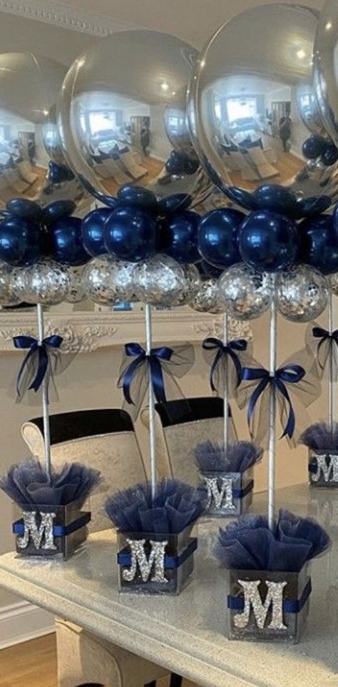 Blue Black Silver Party Decorations, Sweet 16 Party Ideas Dark Blue, Blue And Gold Graduation Party Decor, Quince Decorations Blue And Silver, Navy Blue And Silver Quinceanera Ideas, Blue Graduation Party Ideas, Blue Centerpieces For Party, Navy Blue Birthday Party Decorations, Blue And Silver Sweet 16