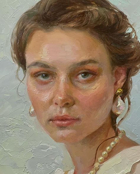 Regina Lyubovnaya on Instagram: ““Girl with Pearls”, yet another portrait, 8x6.” Must say, I enjoyed square format a bit more. The challenge of this portrait was the soft,…” Oil Painting Portrait Classic, Oil Painting Portraits, Acrylic Portrait Painting, Painting Portraits, Master Art, Realistic Oil Painting, Oil Painting Tutorial, Pastel Portraits, Visual Board