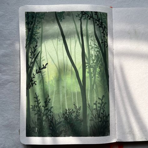 Easy forest painting with gouache Rain Forest Painting Easy, Rainforest Painting Easy, Easy Forest Painting, Forest Gouache, Dreamy Scenery, Painting With Gouache, Nature Inspired Painting, Scenery Drawing, Paint With Me