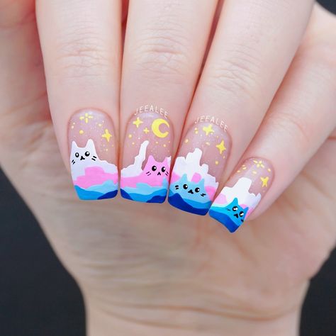 Cat Gel Nails Art Designs, Purple Cat Nails, Pink Cat Nails, Cat Paw Nails, Cat Nails Design, Mountain Nails, Pastel Kitty, Mom Nails, Cat Nail Designs