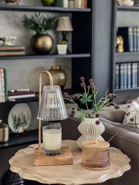 End Table Decor Without Lamp, Candle Warmer Lamp Decor, End Table Decor, Side Table Styling, Room Side Table, English Library, Candle Warmer Lamp, Library Room, Fall Decor Inspiration