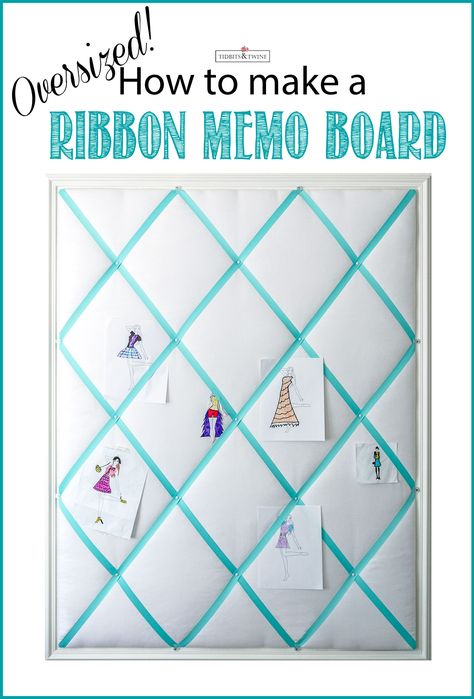 How to make a ribbon memo board with step-by-step instructions and measurements.  This one is 4' x 5'! Picture Board Bedroom, Memo Board Diy, Ribbon Memo Board, Ribbon Bulletin Board, French Bulletin Boards, Fabric Memo Boards, Ribbon Boards, French Memo Boards, Fabric Bulletin Board