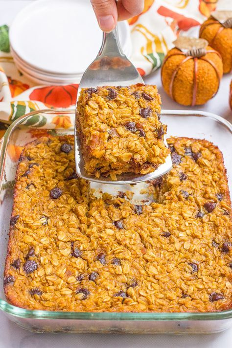 Pumpkin baked oatmeal with chocolate chips - a favorite fall breakfast that's gluten free and can be made ahead! Breakfast Ideas For One Person, Oatmeal With Chocolate Chips, Breakfast Ideas For One, Oatmeal With Chocolate, Pumpkin Baked Oatmeal, Fall Recipes Breakfast, Thirteenth Doctor, Food On The Table, Baked Oatmeal Recipes