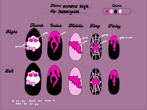 Monster High Inspired Nails, Scene Nails Emo, Draculaura Redesign, Monster High Nails, Movie Nails, Nails October, Holloween Nails, Fancy Nail Art, Band Nails