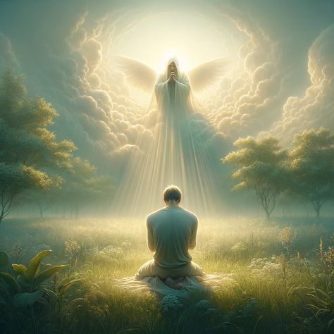 A serene, spiritually uplifting scene depicting a person in humble prayer, surrounded by a soft, ethereal light. The setting is a peaceful, natural environment, possibly a meadow or a garden, symbolizing tranquility and closeness to God. In the background, a subtle representation of heaven, with soft, glowing clouds and gentle rays of light, symbolizes God's presence and provision. This image... Praising God Images, God Looking Down From Heaven, Praise God Pictures, Love In Bible, Heavenly Angels Art, Glowing Clouds, Gods Presence, Jesus 2024, Heaven Background