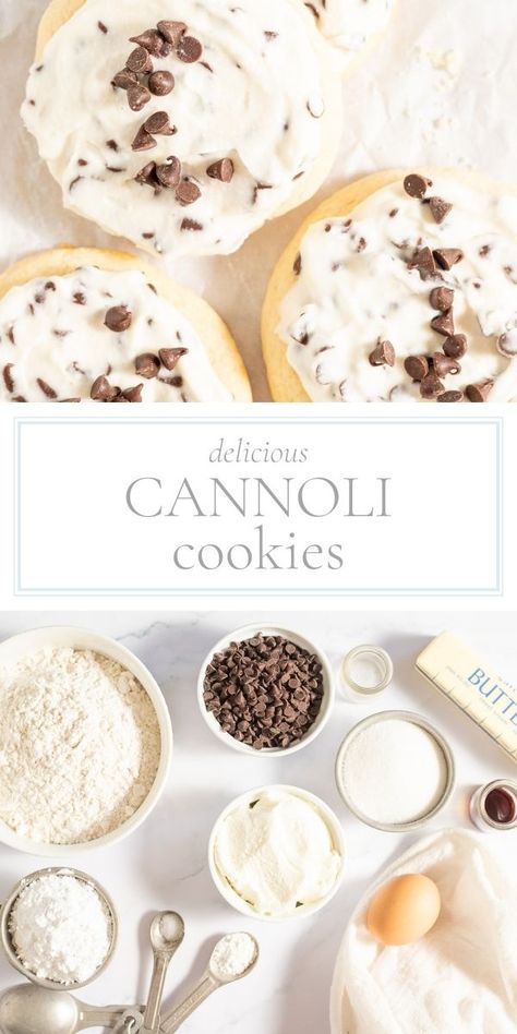 Tender CANNOLI COOKIES with a light and creamy icing are sure to become your new favorite treat! Canoli Crumbl Cookie, Crumble Cannoli Cookie, Cookie Bake Recipe, Cannoli Thumbprint Cookies, Different Baking Recipes, Crumbl Cannoli Cookie Copycat, Holy Cannoli Cookies, Nyc Style Cookie Recipe, Canolli Cookie Recipes