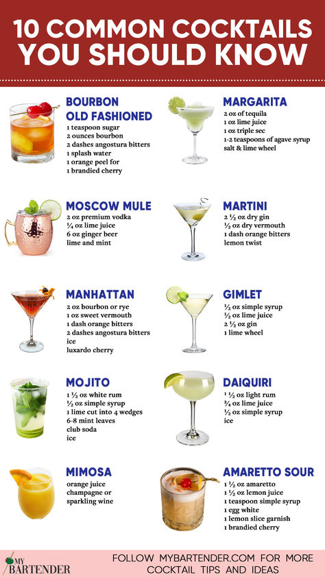 Common Cocktails Good Cocktail Recipes, Recipes For Cocktails, Popular Mixed Drinks Cocktail Recipes, Must Know Bartender Drinks, Alcohol For Beginners, Common Alcoholic Drinks, Basic Cocktails Recipes, Drinks Every Bartender Should Know, Most Popular Cocktail Recipes