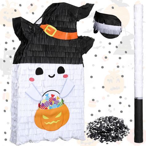 PRICES MAY VARY. Halloween Pinata Favors: you will receive 1 piece of Halloween ghost and pumpkin pinata, 1 blindfold, 1 piece of pinata sticker and 1 pack of confetti, a complete set of birthday pinata set can meet your party game play and decoration needs, allows you to fully enjoy the joy of pounding the pinata with the stick to unleash surprises, bring more party challenges and fun Ghost Theme Design: this Halloween pinata is designed in ghost shape with witch hat and pumpkin, which can be r Party Challenges, Pumpkin Pinata, Mexican Ghost, Girls Birthday Games, Halloween Pinata, Ghost Theme, Halloween Themed Party, Mexican Halloween, Birthday Pinata