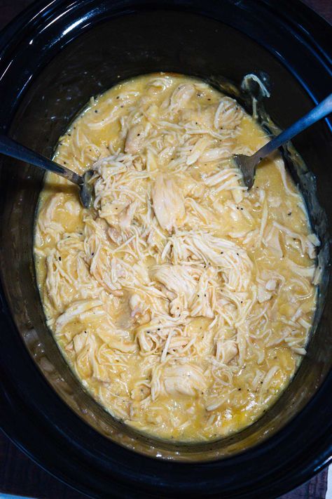 Slow Cooker Chicken and Gravy - the ultimate easy crockpot comfort meal. Just dump everything in the slow cooker and let it do all the work. The result is tender melt-in-your-mouth chicken with a creamy savory gravy! Chicken And Gravy Crockpot No Soup, Cream Chicken Crockpot Recipes, Slow Cooker Turkey And Gravy, Shredded Chicken Gravy Crockpot, Crockpot Chicken And Gravy With Ranch Packet, Quick Chicken And Gravy Recipes, Cream Of Chicken In Crock Pot, Creamed Chicken Over Biscuits Crockpot, Cream Chicken Over Biscuits Crockpot