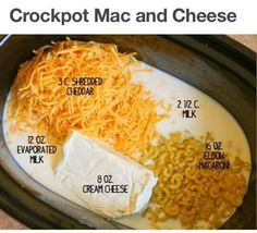 Combine in crock pot 3 cups shredded cheese 1-12 oz. Can Evaporated Milk 1-8 oz. Block of Cream Cheese 2 1/2 cups milk 16 oz. Uncooked Macaroni noodles Cook on low for 2-2 1/2 hours If sauce is too thick add more milk and stir. Set to "keep warm" until ready to serve Crockpot Mac And Cheese Recipe, Crock Pot Mac, Meals Kids Love, Crockpot Mac And Cheese, Mac Cheese Recipes, Mac And Cheese Recipe, Jw Marriott, Mac N Cheese Recipe, Macaroni Cheese