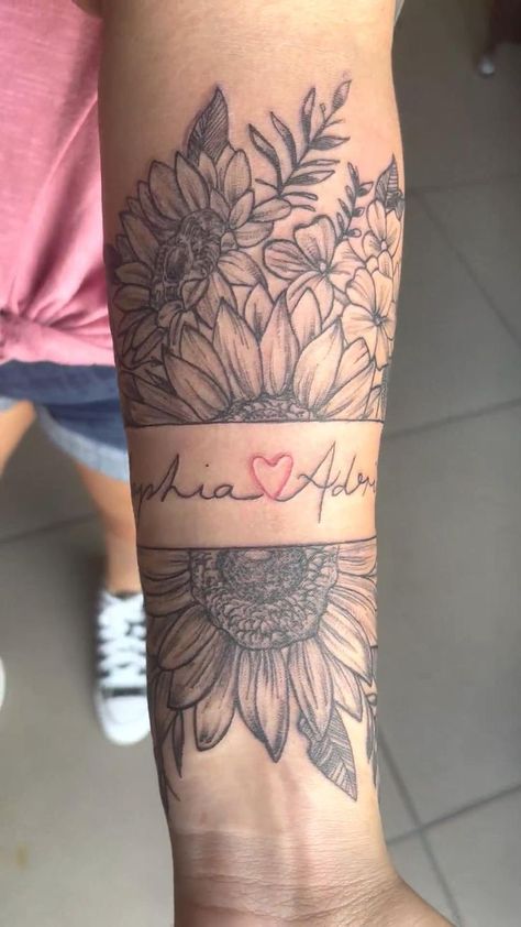 Sleeve Tattoo With Names, Floral Tattoo With Names, Sunflower Tattoo With Kids Names, Meaningful Half Sleeve Tattoos For Women, Unique Tattoos For Moms With Kids, Upper Inner Arm Tattoos For Women, Lower Leg Tattoos Women Unique, Kids Names Tattoos For Women, Inside Forearm Tattoo Women