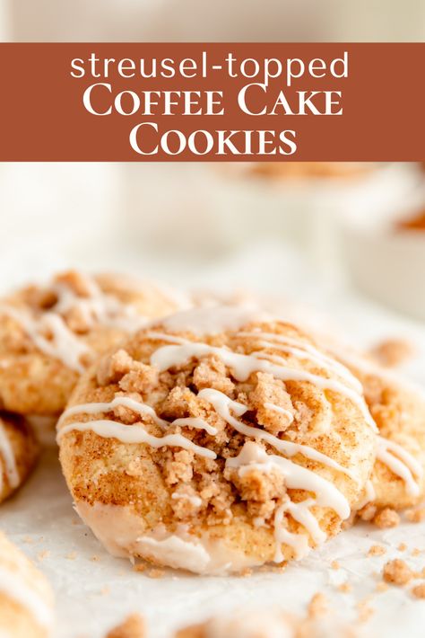 A classic sugar cookie, a snickerdoodle, and a cinnamon streusel coffee cake combine to make these unbelievably delicious vanilla-glazed coffee cake cookies! Cinnamon Streusel Coffee Cake Cookies, Coffee Cake Cookie Recipes, Gluten Free Coffee Cake Cookies, Cinnamon Streusel Cookies, Cinnamon Coffee Cookies, Coffee Cake Cookies Crumbl, Gilmore Girls Coffee Cake Cookies, Coffee Cake Cookies Recipe, Coffee Cake Bars