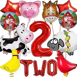 14 PCS Farm Animal Balloons Cow Sheep Duck Rooster Pig Donkey Balloons Barnyard Balloon Supplies with Large Number 2 Foil Balloon for Farm Animal Theme 2nd Birthday Party Decor Supplies