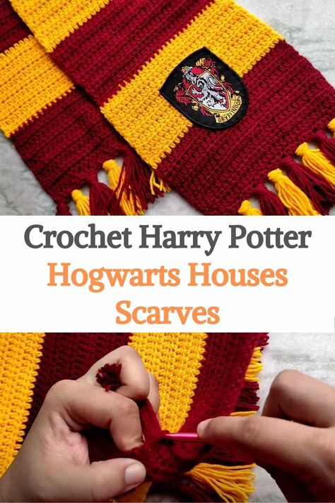 Hogwarts Scarves Crochet, Hogwarts Crochet Patterns Free, Crochet Hufflepuff Scarf Free Pattern, Harry Potter House Scarf Crochet, How To Crochet Harry Potter Scarf, Crochet Harry Potter Scarf Pattern Free, Gryffindor Crochet Scarf, Harry Potter House Crochet, Gryffindor Scarf Pattern