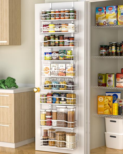 PRICES MAY VARY. Maximize Your Space: Please measure the width of your door before purchasing to see if it can fit a 12.2"W shelf. Our 9-Tier over the door pantry organizer is designed to make the most of your storage space, allowing you to store more items in a smaller area such as spice and some jars. Perfect for small kitchens or those with limited storage space. Durable & Strong: Made with high-quality, durable metal, our pantry organization can withstand the weight of heavy cans and jars, k Garage Pantry Organization, Kitchen Pantry Organisation, Storage Ideas For Small Homes, Small Pantry Organization Ideas, Small Pantry Closet, Door Pantry Organizer, Pantry Door Storage, Deep Pantry Organization, Panty Organization