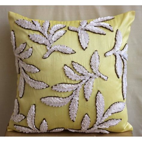 Yellow Decorative Pillows, Couch Accent Pillows, Silk Throw Pillows, Yellow Throw Pillows, Silk Pillow Cover, Decorative Leaves, White Leaves, Sofa Pillow Covers, White Leaf