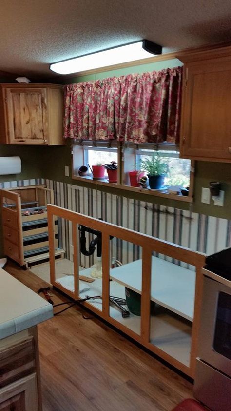 Small Mobile Home Kitchen Remodel Single Wide, Mobile Home Kitchen Ideas, Mobile Home Remodel Doublewide, Single Wide Kitchen Ideas, Make A Mobile Home Look Like A House, Mobile Home Addition Ideas, Old Mobile Home Makeover, Mobile Home Cabinets, Mobile Home Kitchen Remodel