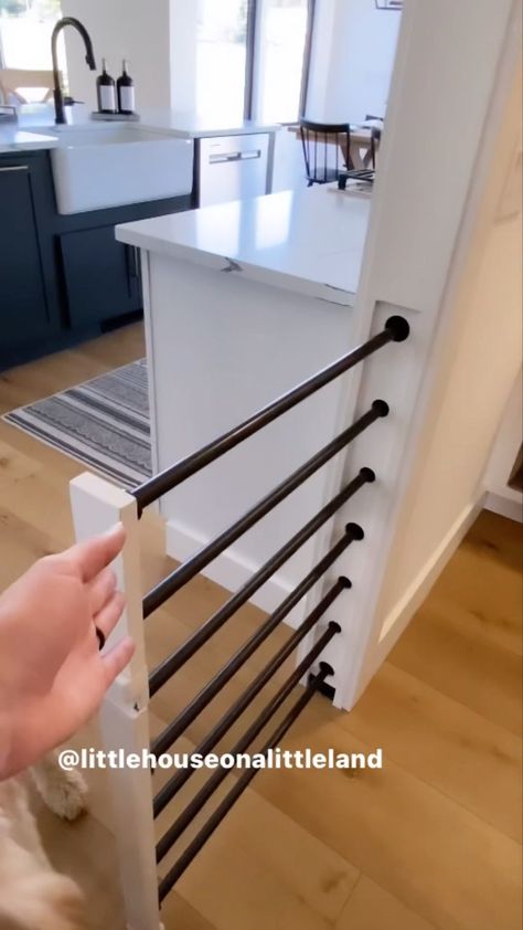 littlehouseonalittleland on Instagram: Follow us for more ways to design your home catered to your babies 🐾 We had this gate made along with another one for the stairs just for… Dog Gate With Cat Door, Built In Baby Gate For Stairs, Built In Dog Gates Indoor, Built In Stair Gate, Hidden Gate In Wall, Dog Nook Under Stairs, Built In Baby Gate, New Home Build Must Have, Stair Gate Ideas