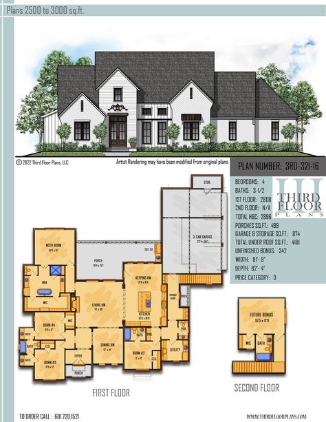 $800.00 House Plan 9 sets Friends Entry, Large Porch, Brick Siding, Keeping Room, Open Concept Kitchen, Roof Framing, Roof Plan, Home Plan, Bath House