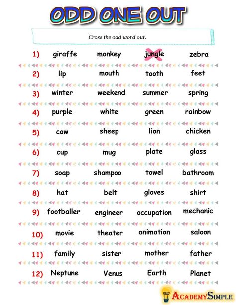 Odd Word Out Worksheets, Ukg English Worksheets Activities, Vocabulary Worksheets Elementary, Odd Words, English Practice Worksheets, Vocabulary Activities Elementary, English Words Vocabulary, English Vocabulary Exercises, Tongue Twisters For Kids